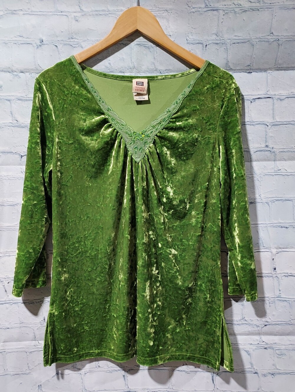 Y2K Fairycore Crushed Velvet Women's L 12/14 Green 3/4 Sleeve V-neck Goblincore